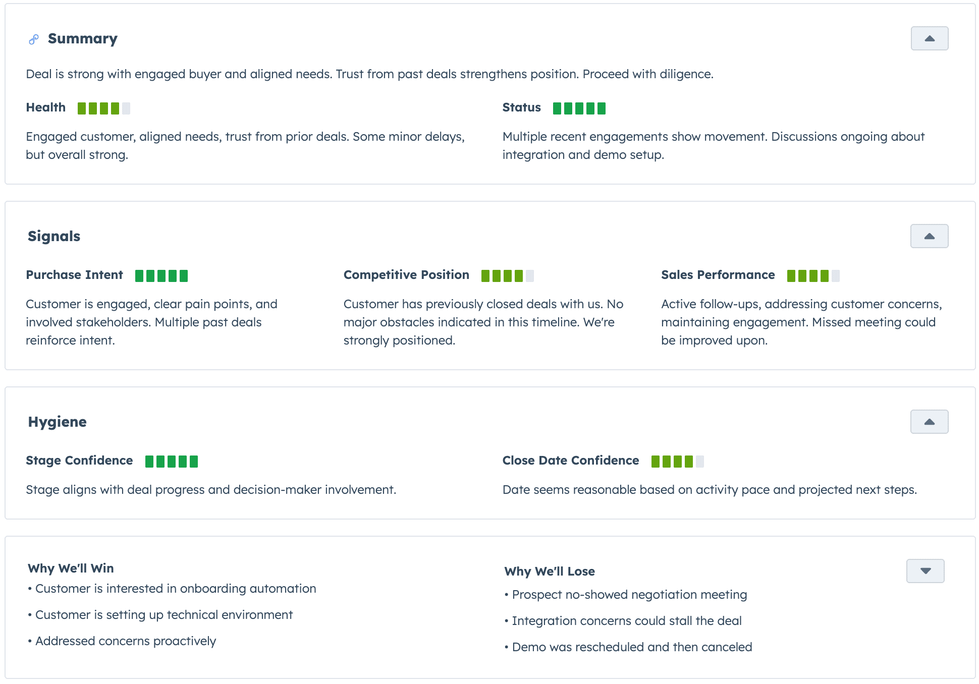HubSpot UI Extension showing Data Parrot AI Deal Health Analysis