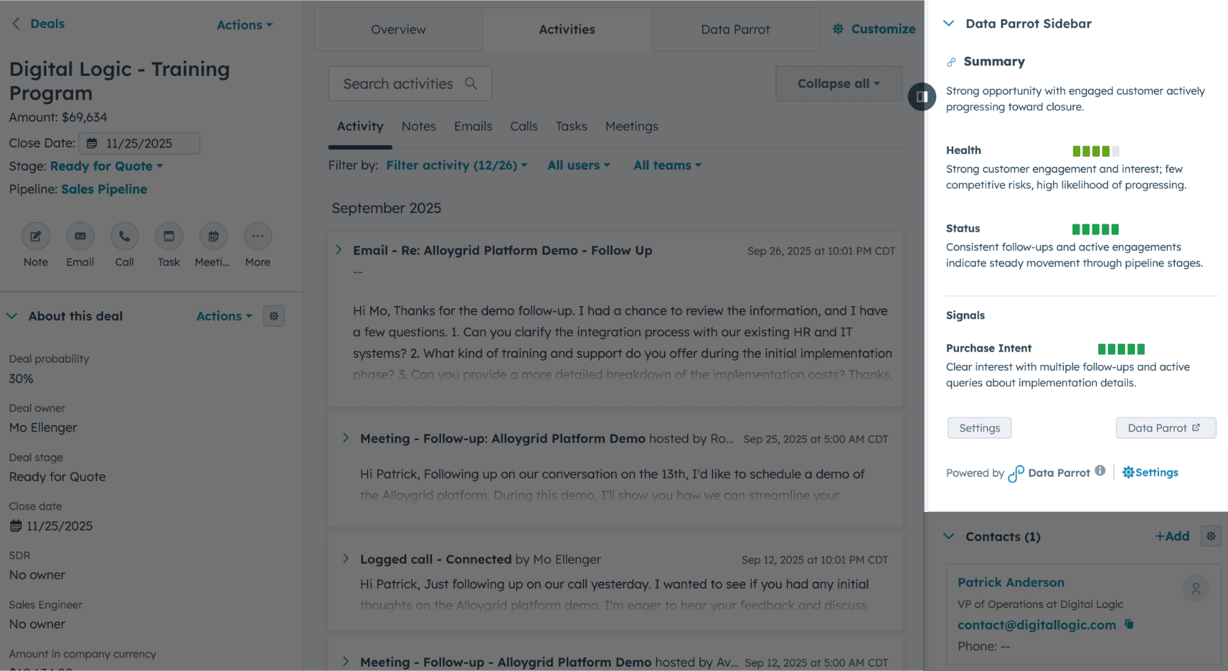 Data Parrot Sidebar in HubSpot Deal View