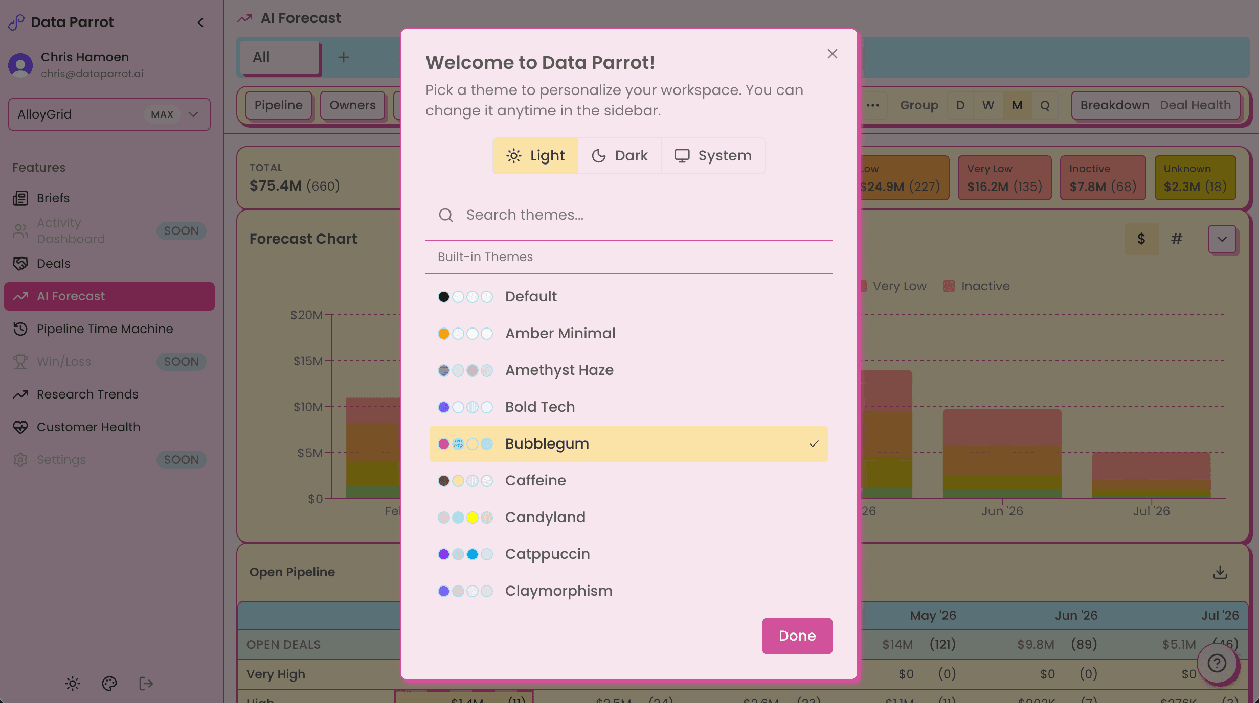 Built-in theme selection in Data Parrot v3