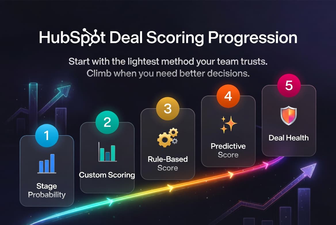 The five deal scoring levels from stage probability to evidence-based deal health