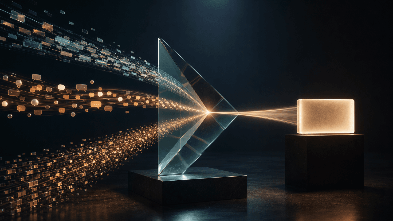 Customer and sales data passing through a glass prism and emerging as one clear result