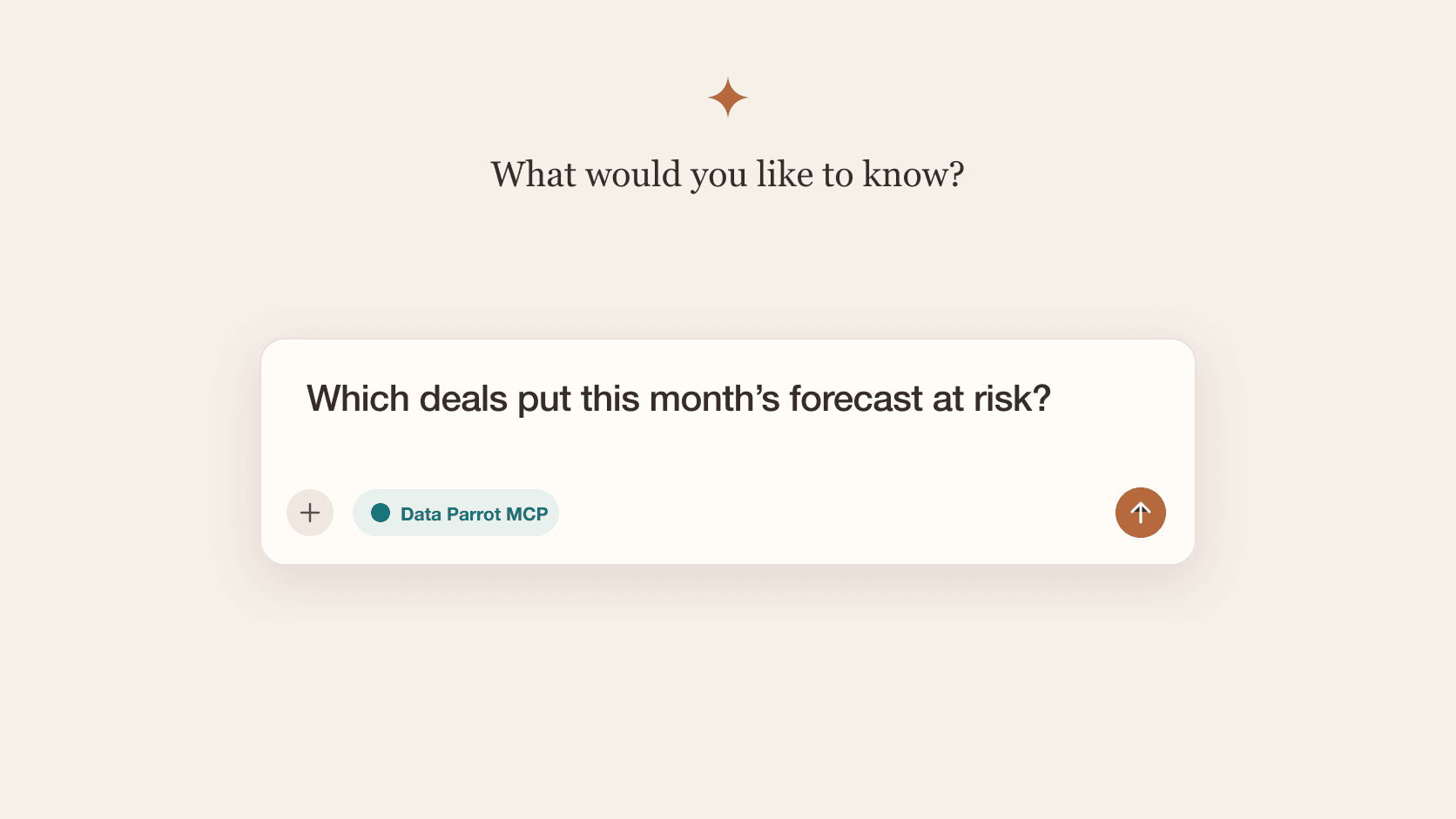 Warm AI chat prompt asking which deals put this month's forecast at risk with the Data Parrot MCP Server connected