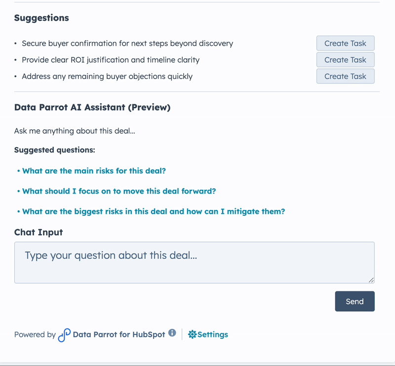 Chat With your Deal in HubSpot with the Data Parrot UI Card Extension