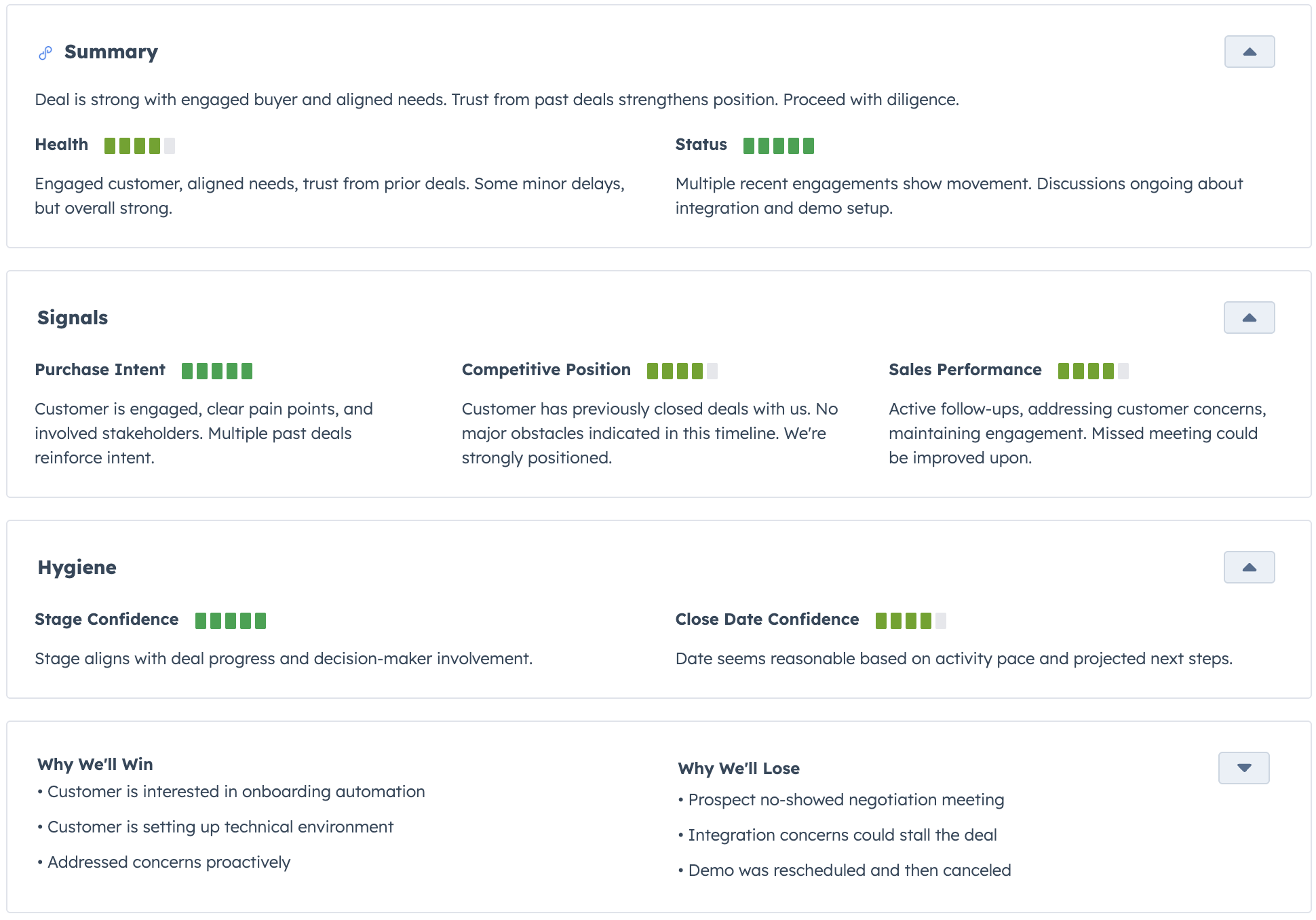 HubSpot UI Extension showing Data Parrot AI Deal Health Analysis