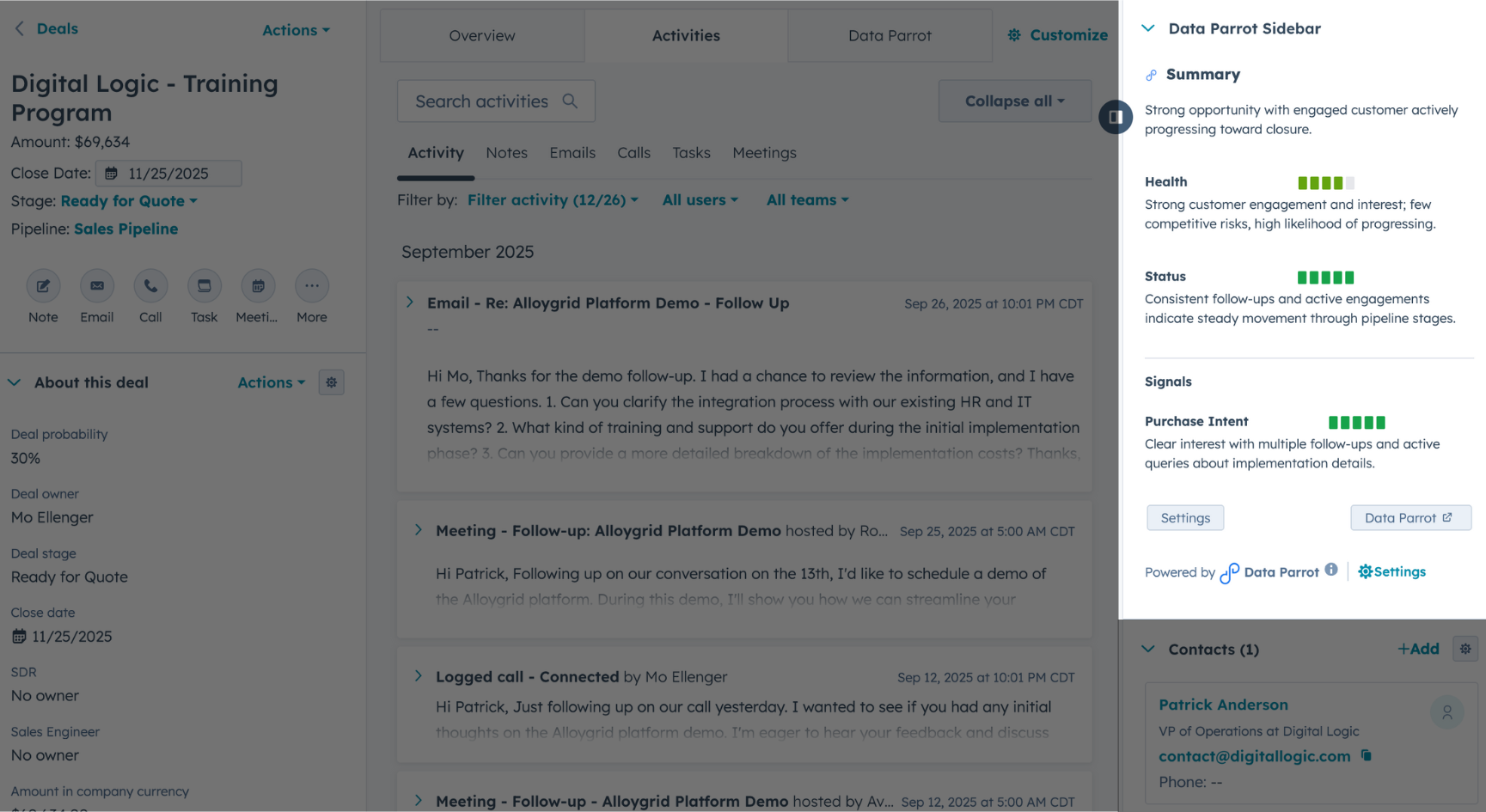 Data Parrot Sidebar in HubSpot Deal View