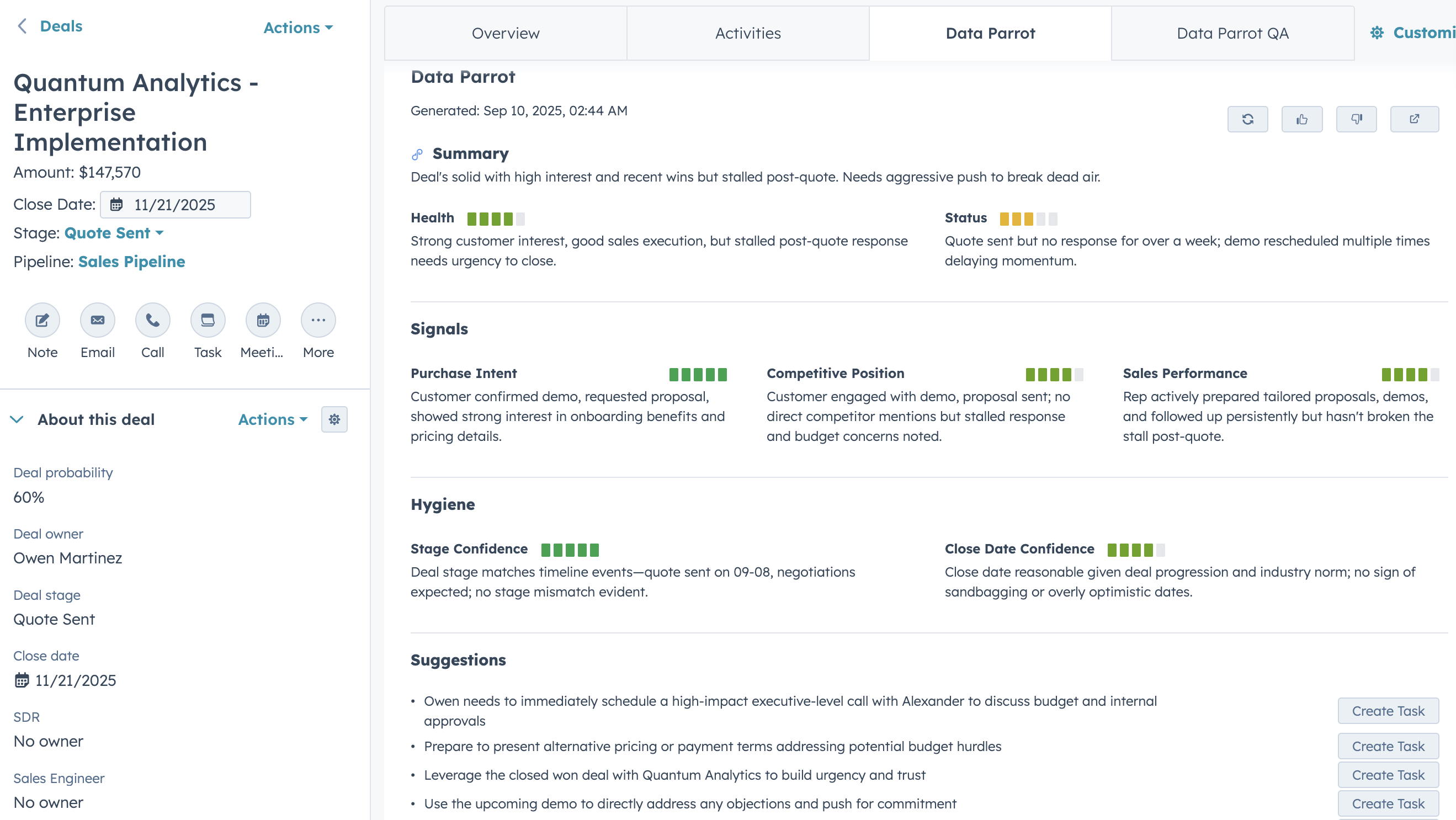 Improved HubSpot UI Card with Data Parrot Deal AI Analysis