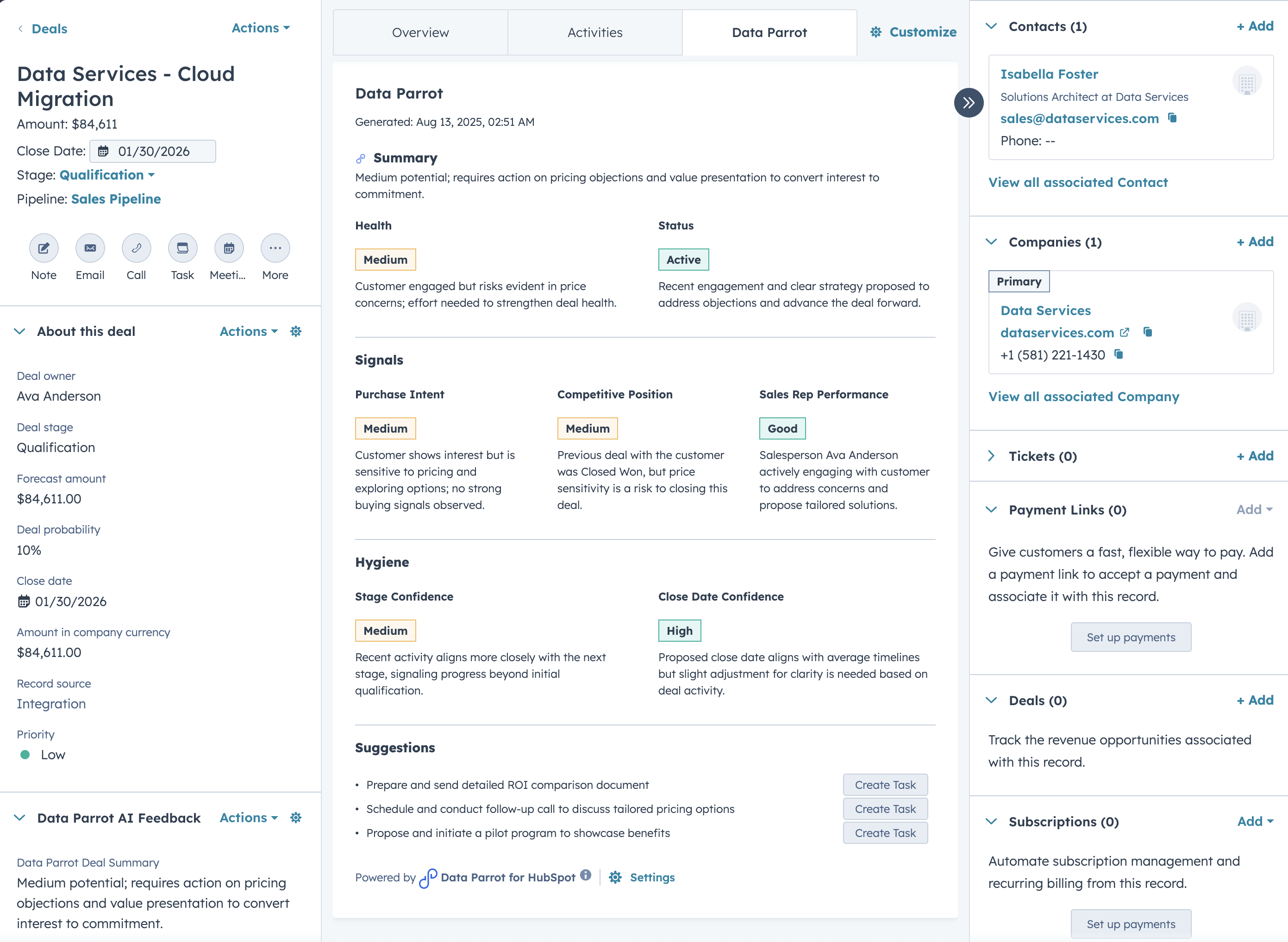 Data Parrot card integrated in HubSpot deal view showing health score and insights