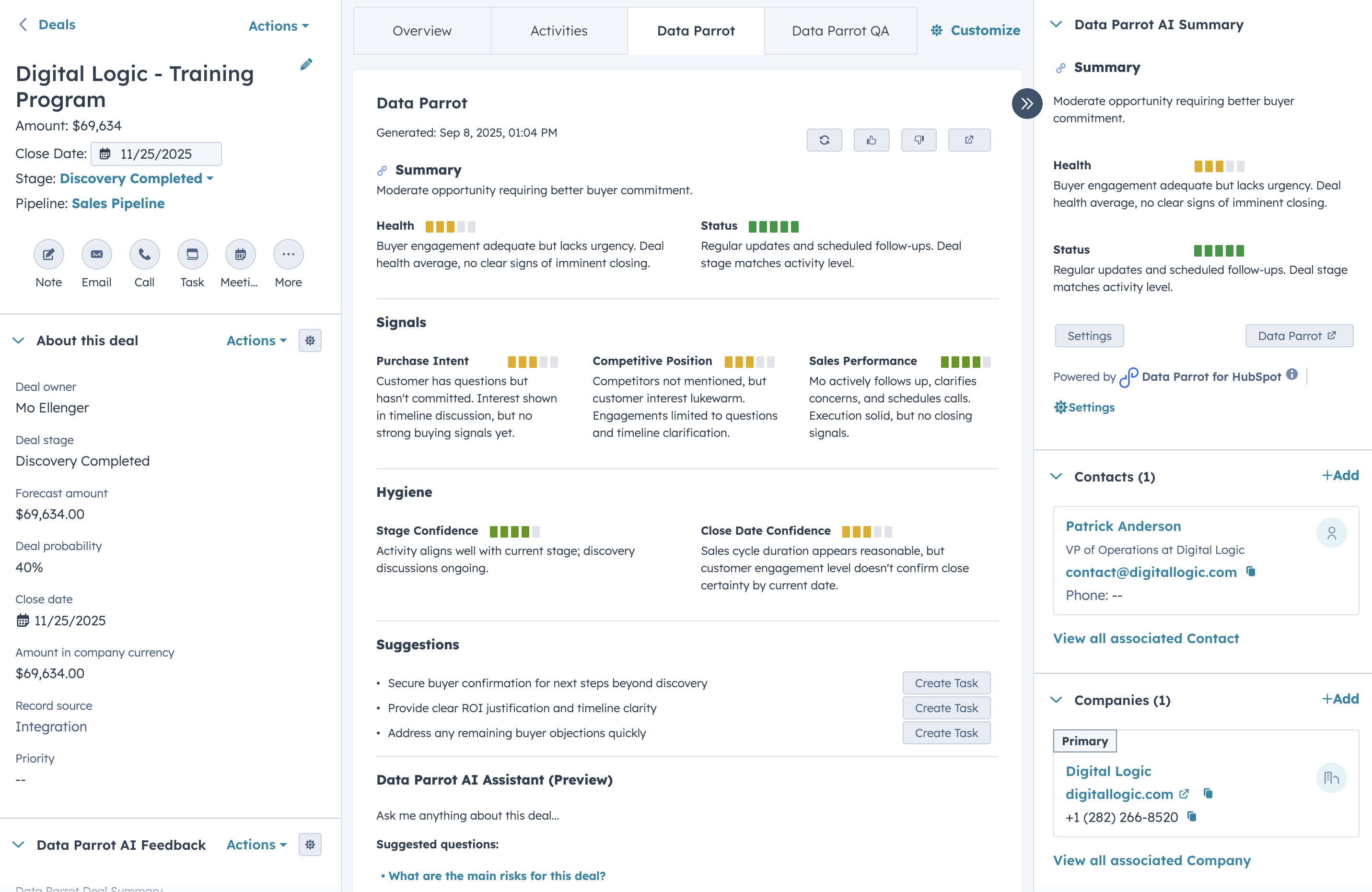 Data Parrot Sidebar in HubSpot Deal View