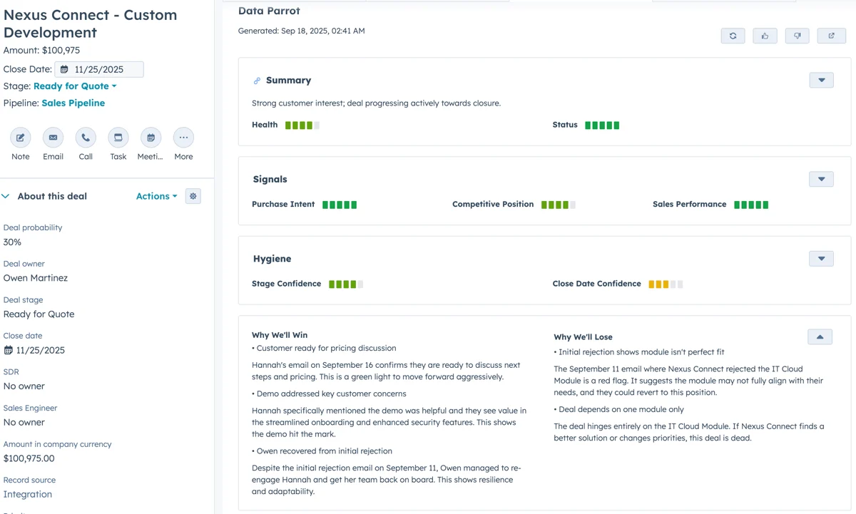 HubSpot UI Extension showing Why We'll Win and Why We'll Lose